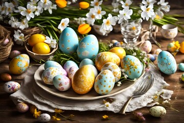 Easter table setting, easter eggs and flowers decoration wallpaper.