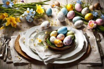 Sticker - Easter table setting, easter eggs and flowers decoration wallpaper.