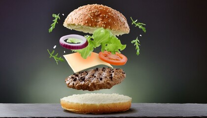 Wall Mural - Photo of a deconstructed burger with floating ingredients sesame bun, lettuce, tomato, cheese, and patties.