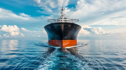 cargo ship sailing on calm sea. a large cargo ship sails on a calm sea, with blue skies and fluffy c