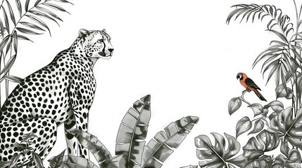 Wall Mural -   Black & White Cheetah & Red Bird
