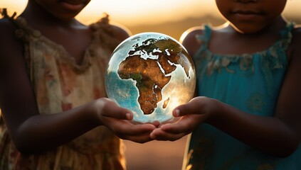 african children holding a crystal globe in their hands, ecology and sustainable environment concept