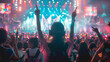 © S.Jirut - A vibrant scene at a K-pop concert with a back of Korean fans cheering enthusiastically