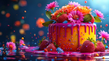 Poster -   A colorful cake adorned with strawberries and flowers sits atop water droplets and sprinkles, creating a visually appealing display