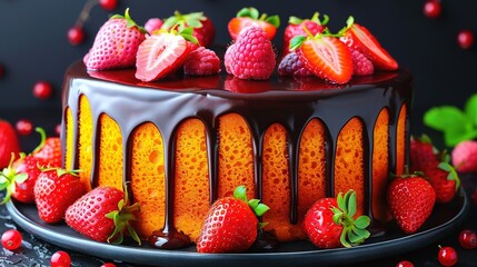 Wall Mural -   A zoomed-in photo of a cake adorned with strawberries and chocolate sauce poured over the top