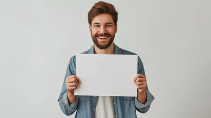 A man holds a Mockup in his hands on a white background. Image for advertising
