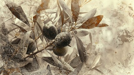 Wall Mural -    an olive tree branch with snow on the ground in the foreground and blurry leaf background