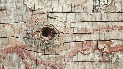 Wall Mural -   A close-up of a wooden board with a hole and chipped paint