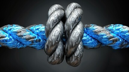 Wall Mural -   A detailed view of a braided rope with blue and silver threads against a dark and monochromatic backdrop