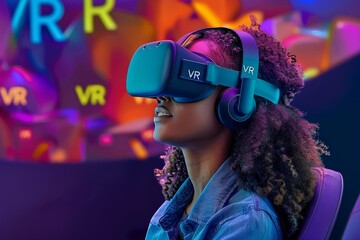 Wall Mural - Woman Using VR Headset for Interactive Experience in Colorful Digital Space