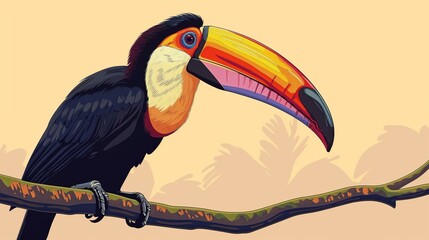 Wall Mural - A colorful toucan with a vibrant beak perched on a branch against a tropical background.