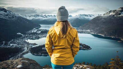 Wall Mural - woman in yellow jacket standing on the mountain