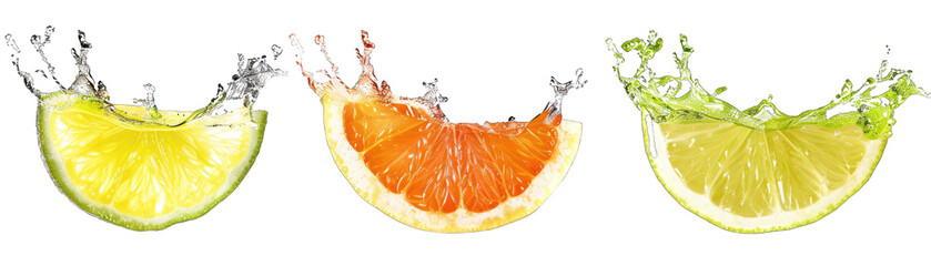Wall Mural - Splashing Citrus Segments. Grapefruit, Lemon, and Lime. Isolated on a Transparent Background. Cutout PNG.