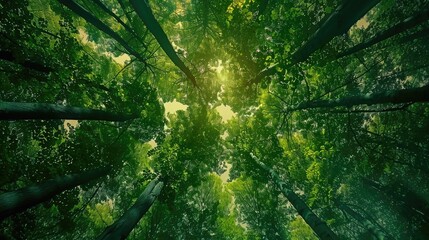 Wall Mural - A forest with trees that are very tall and green. The trees are so tall that they are almost touching the sky. The sunlight is shining through the trees, creating a beautiful and peaceful atmosphere