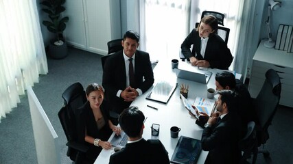Poster - top view of businessman present idea and pointing at whiteboard while executive manager listen prese