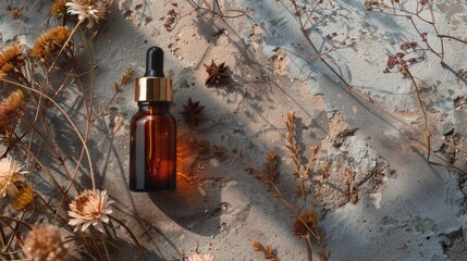 Canvas Print - Natural beauty composition with face serum in open dropper bottle stone background and dry flowers