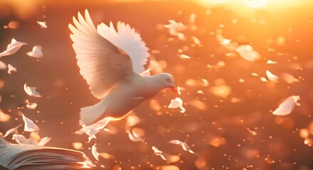 Wall Mural - A white dove flying amidst feather particles and golden light representing freedom for the international day of peace.book