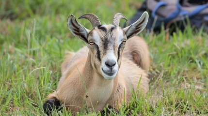 Wall Mural - Close-Up Portrait of a Goat Resting in Grass