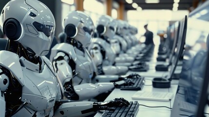 Poster - A line of sleek, white robots work diligently at their computers in a modern office setting