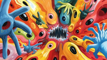 Poster -   Monster group portrait in shades of orange, yellow, blue, and red