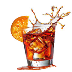 Wall Mural - Negroni Cocktail With an Orange Slice Falling Into It, Creating a Dynamic Splash Against a Tilted .. Isolated on a Transparent Background. Cutout PNG.
