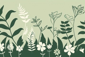 Poster - Modern and eco-friendly design featuring silhouettes of leaves and flowers against a green background. Generative AI