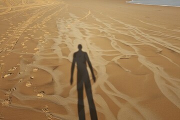 Wall Mural - A man's shadow is cast on the sand, creating a sense of mystery and intrigue. The image evokes a feeling of solitude and contemplation