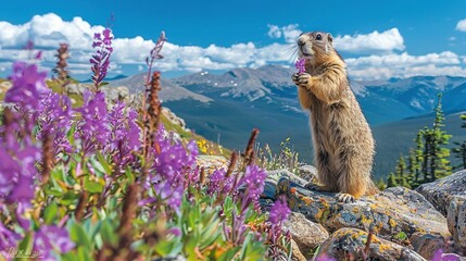 Poster -   Groundhog on hind legs on rocky outcropping with purple flowers in the foreground