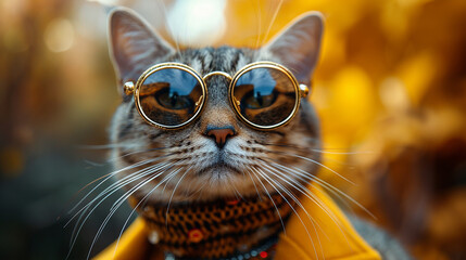 Wall Mural - Portrait of a tabby cat wearing round sunglasses and a yellow coat.