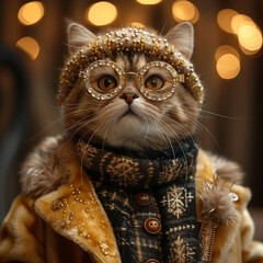 Wall Mural - Cute cat in winter clothes and glasses on bokeh background