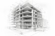 © pixeness - Modern Architecture building construction perspective design, building sketch line drawing on white background