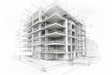 modern architecture building construction perspective design, building sketch line drawing on white 