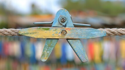 Wall Mural -   A sharp close-up of a thick rope coiled with a pair of scissors dangling from its end, set against a crisp and focused background