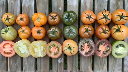 Wall Mural -   A variety of tomatoes displayed on a wooden board, one halved and the other sliced in half