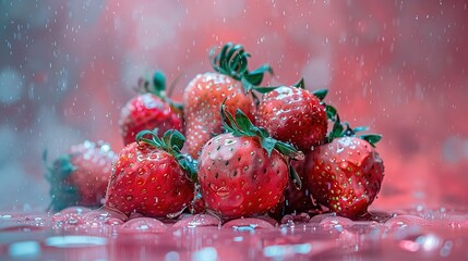 Wall Mural -   A pink background with a table covered in raindrops has a pile of red strawberries sitting on top of it