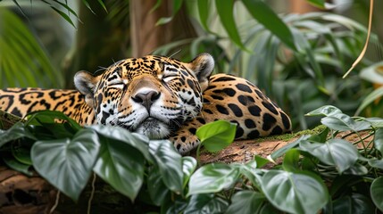 Wall Mural - Sleeping Jaguar in Lush Rainforest