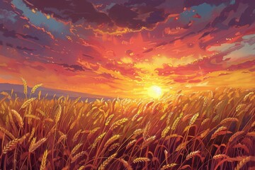 Wall Mural - A painting of a field of wheat with a sun setting in the background. The mood of the painting is serene and peaceful