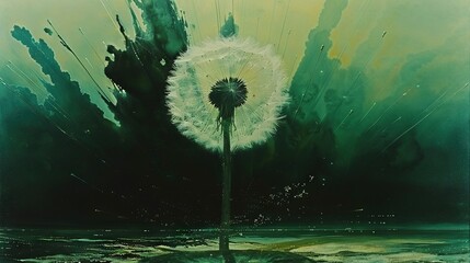 Wall Mural -  A dandelion floating in water with cloudy sky as background