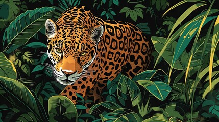 Wall Mural - A jaguar prowls through dense jungle foliage, its intense eyes alert, body camouflaged among the leaves.