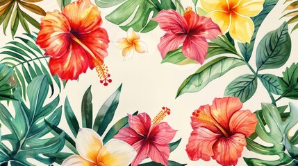 Vibrant tropical floral background featuring colorful hibiscus flowers and lush green leaves, perfect for summer-themed designs and decor.