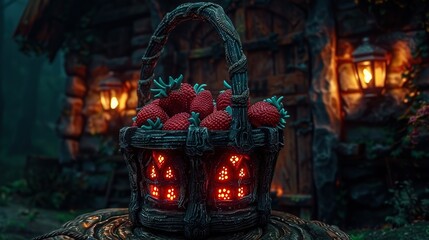 Wall Mural -   A wooden table holds a basket brimming with strawberries Light emanates from the house behind