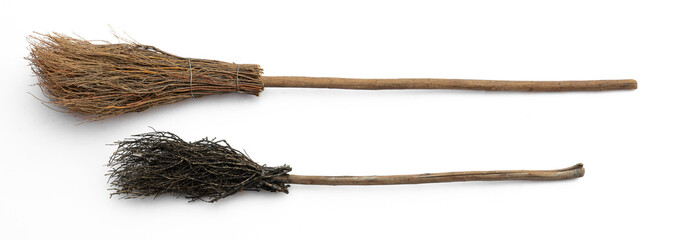 old twig broom for sweeping isolated on white background