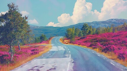 Wall Mural -   A road through a pink-flowered field leads to distant mountains