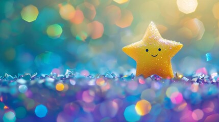 Poster - A yellow star with a smiley face on it sitting in the middle of glitter. AI.