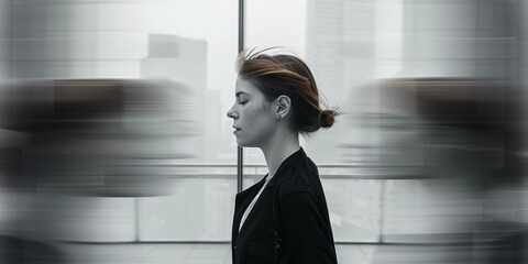 Poster - A woman standing in front of a large window with blurred background. AI.