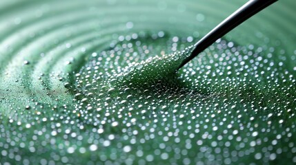 Wall Mural - a green liquid with water droplets and a black brush emerging from the top is captured in a close-up