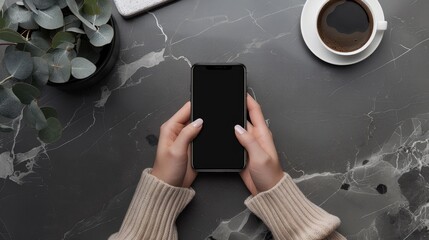 Poster - Mockup of woman s hands using black mobile phone with coffee cup on table