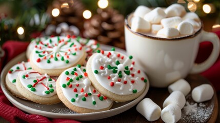 A cozy holiday scene featuring a plate of decorated Christmas cookies and a mug of hot cocoa with marshmallows