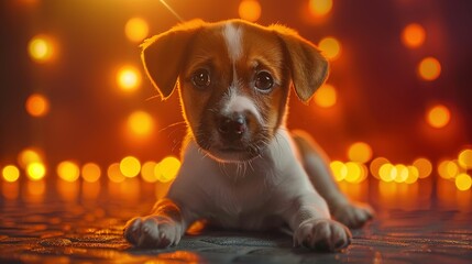 Wall Mural -   A petite brown and white pooch resting atop a floor near a wall adorned with illumination within a room