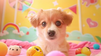 Wall Mural -   A small brown dog lays on a pink blanket, near a pile of eggs and a rainbow wall